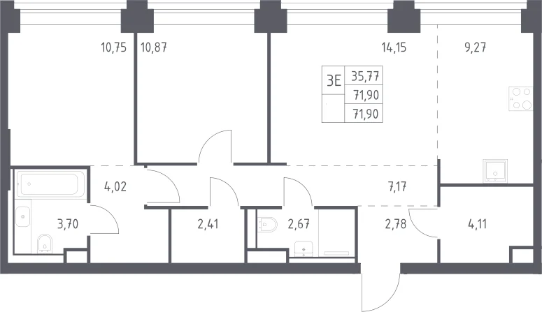 Планировка: Евротрёшка 71,9 м² в ЖК «НОВА»