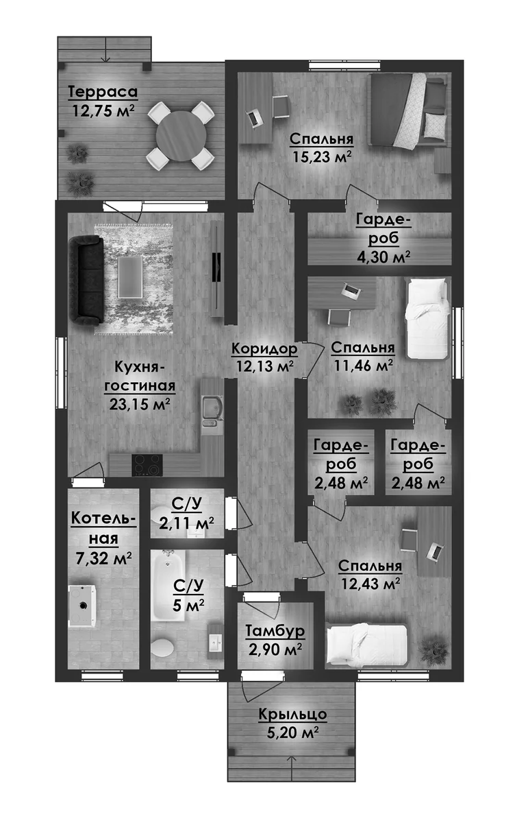Планировка: Коттедж 104,3 м² в ЖК «Коттеджный поселок Новые Жедочи»