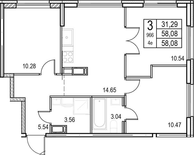 Планировка: Квартира евро-4 58,1 м² в ЖК «ID Murino III»