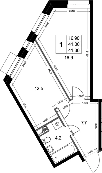 Планировка: 1-комнатная квартира 41,3 м² в ЖК «Кореневский Форт 2.3»