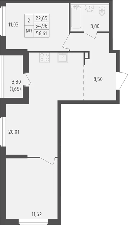 Планировка: Евротрёшка 55 м² в ЖК «Южная Нева»