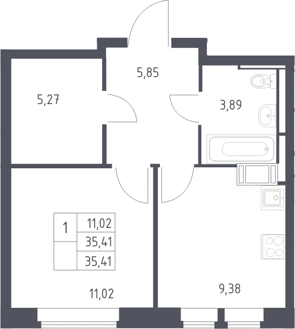 Планировка: 1-комнатная квартира 35,4 м² в ЖК «Большое Путилково»