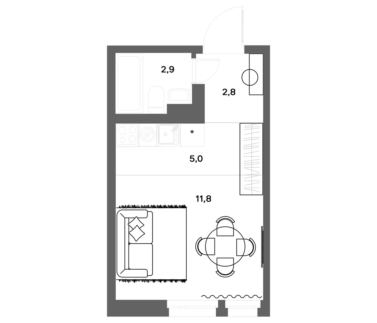 Планировка: Студия 22,5 м² в ЖК «ЭкоКвартал НЕГА»