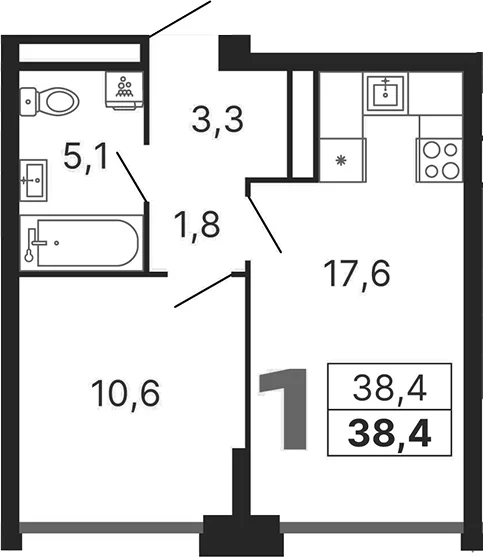 Планировка: 1-комнатная квартира 38,4 м² в ЖК «Бестселлер»