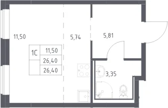 Планировка: Студия 26,4 м² в ЖК «Прибрежный Парк»