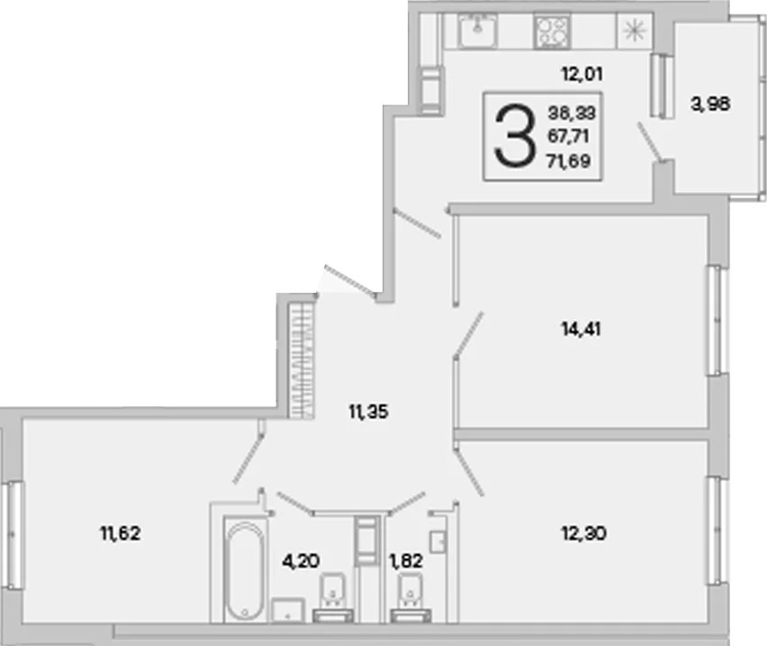 Планировка: 3-комнатная квартира 68,3 м² в ЖК «ЮгТаун. Олимпийские кварталы»