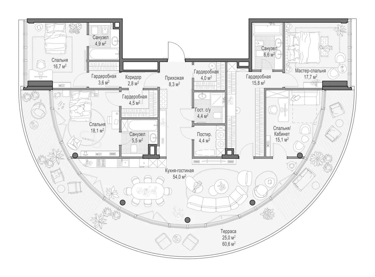 Планировка: Квартира евро-5 194,2 м² в ЖК «Клубный квартал Фрунзенский»