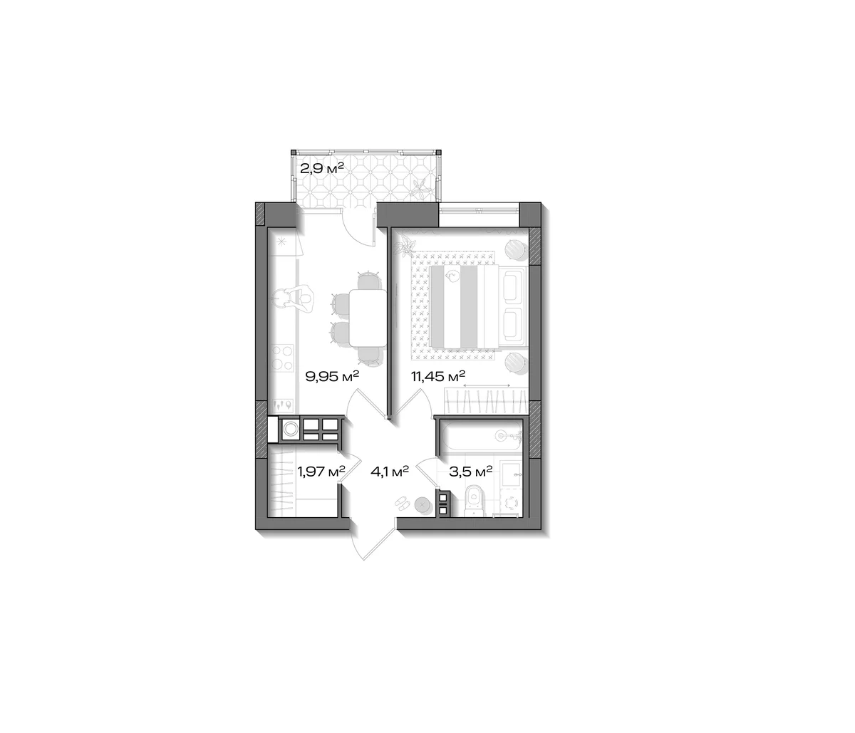 Планировка: 1-комнатная квартира 31 м² в ЖК «Аксиома.Возрождение»