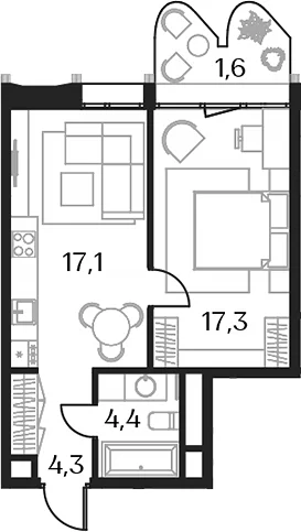 Планировка: Евродвушка 43,1 м² в ЖК «Союз»
