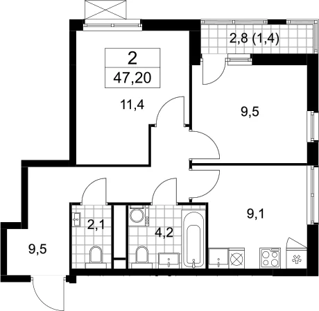 Планировка: 2-комнатная квартира 45,8 м² в ЖК «Прокшино»