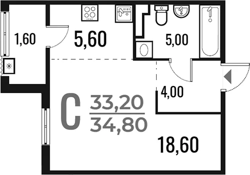 Планировка: Студия 33,2 м² в ЖК «Новое Летово»