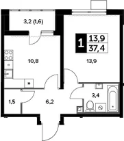 Планировка: 1-комнатная квартира 35,8 м² в ЖК «Южная Битца»