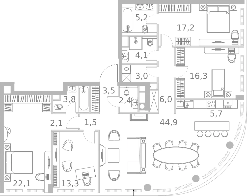 Планировка: Квартира евро-5 151,1 м² в ЖК «Ривер Парк Кутузовский»