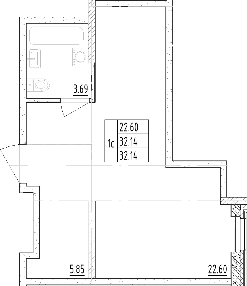 Планировка: Студия 33,3 м² в ЖК «Зум Черная Речка»