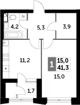 Планировка: 1-комнатная квартира 39,6 м² в ЖК «Скай Гарден»