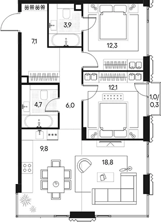 Планировка: Евротрёшка 74,7 м² в ЖК «Клубный город на реке Примавера»
