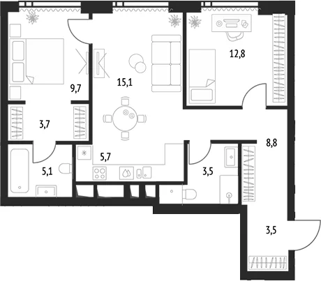 Планировка: Евротрёшка 67,9 м² в ЖК «Апсайд Тауэрс»