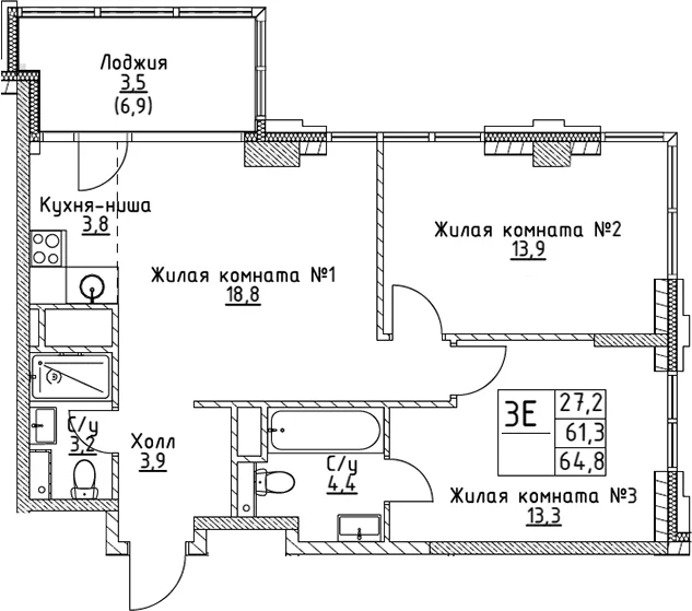 Планировка: Евротрёшка 61,3 м² в ЖК «ВЭРИ на Миклухо-Маклая»