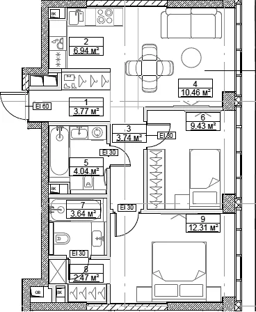 Планировка: Евротрёшка 56,8 м² в ЖК «Сити Бэй»