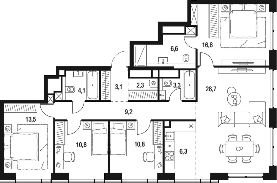 Планировка: Квартира евро-5 115,5 м² в ЖК «Левел Звенигородская»