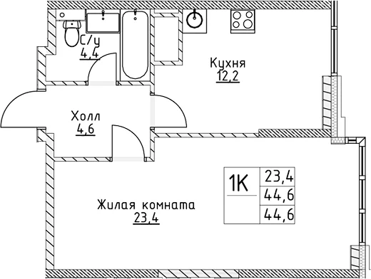Планировка: 1-комнатная квартира 44,6 м² в ЖК «ВЭРИ на Миклухо-Маклая»