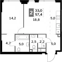 Планировка: Евродвушка 57,4 м² в ЖК «Сидней Сити»