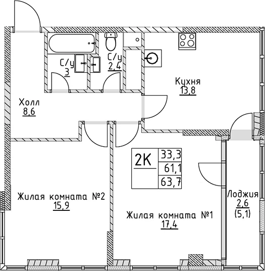 Планировка: 2-комнатная квартира 61,1 м² в ЖК «ВЭРИ на Миклухо-Маклая»