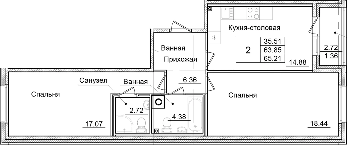 Планировка: 2-комнатная квартира 63,9 м² в ЖК «Квартал Заречье»