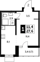 Планировка: Студия 25,9 м² в ЖК «Южная Битца»