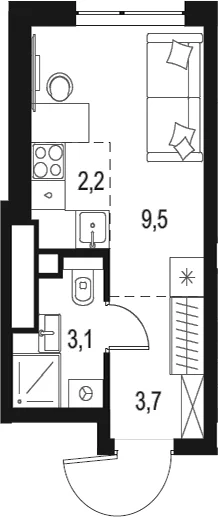 Планировка: Студия 18,5 м² в ЖК «Левел Мичуринский»