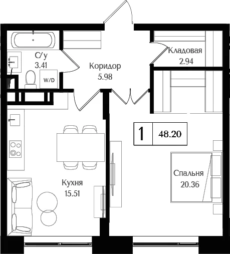 Планировка: 1-комнатная квартира 48,2 м² в ЖК «Преображенская площадь»