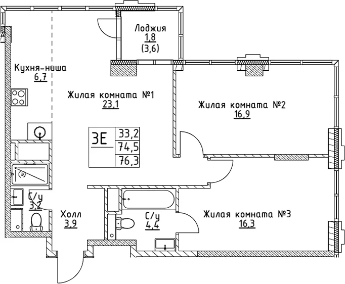 Планировка: Евротрёшка 74,5 м² в ЖК «ВЭРИ на Миклухо-Маклая»