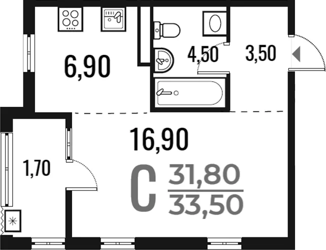 Планировка: Студия 31,8 м² в ЖК «Новое Летово»