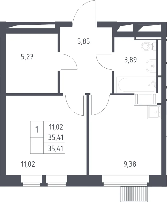 Планировка: 1-комнатная квартира 35,4 м² в ЖК «Большое Путилково»