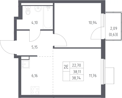 Планировка: Евродвушка 38,1 м² в ЖК «Горки Парк»