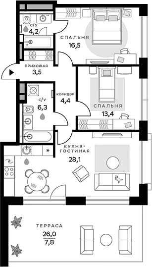 Планировка: 2-комнатная квартира 76,4 м² в ЖК «СберСити»