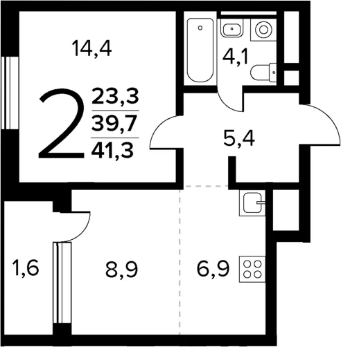 Планировка: Евродвушка 39,7 м² в ЖК «Новые Ватутинки Квартал у реки»