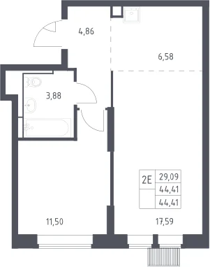 Планировка: Евродвушка 44,4 м² в ЖК «Большое Путилково»