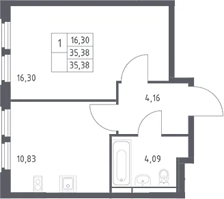 Планировка: 1-комнатная квартира 35,4 м² в ЖК «Космический Квартал»