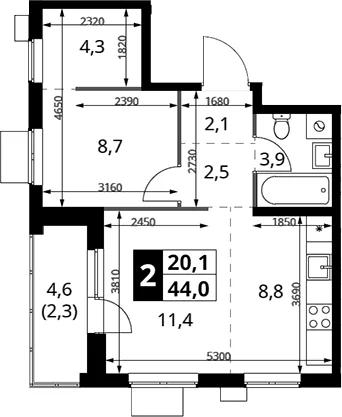 Планировка: Евродвушка 41,7 м² в ЖК «1-й Измайловский»