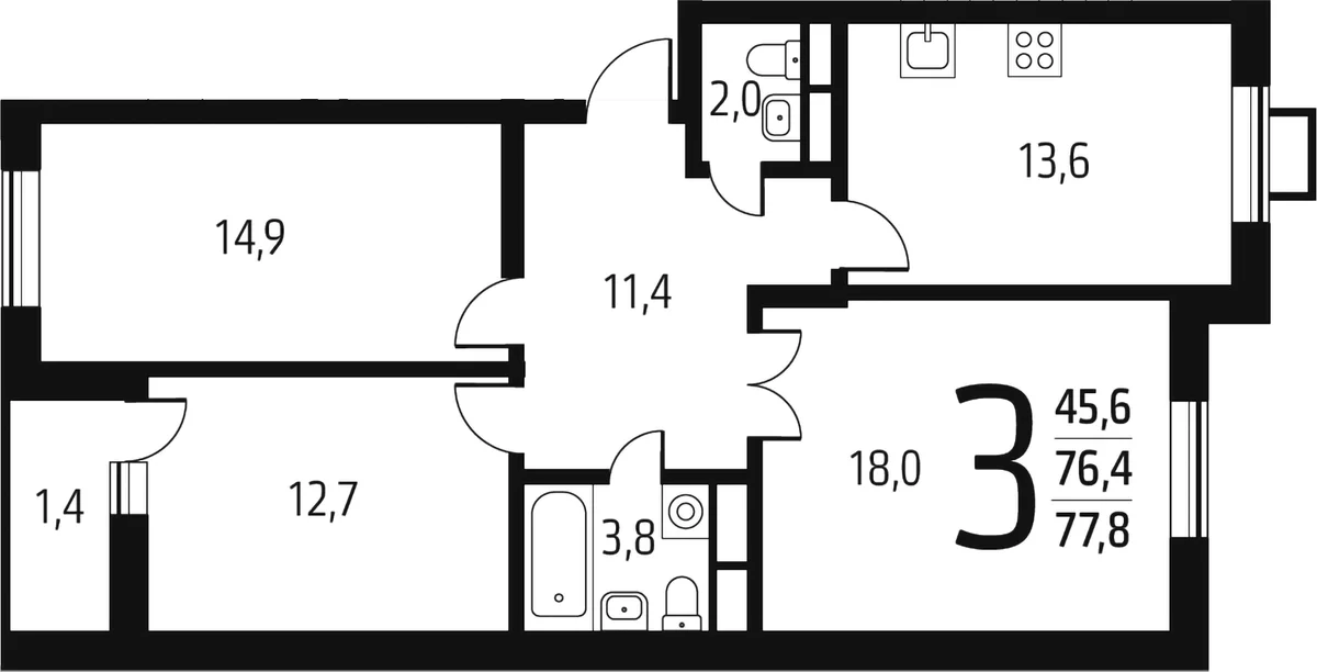 Планировка: 3-комнатная квартира 76,4 м² в ЖК «Новые Ватутинки Заречный»