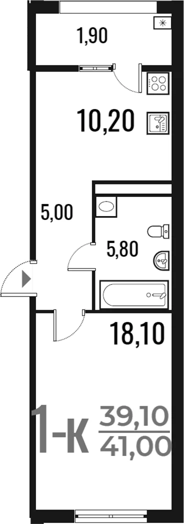 Планировка: 1-комнатная квартира 39,1 м² в ЖК «Новое Летово»