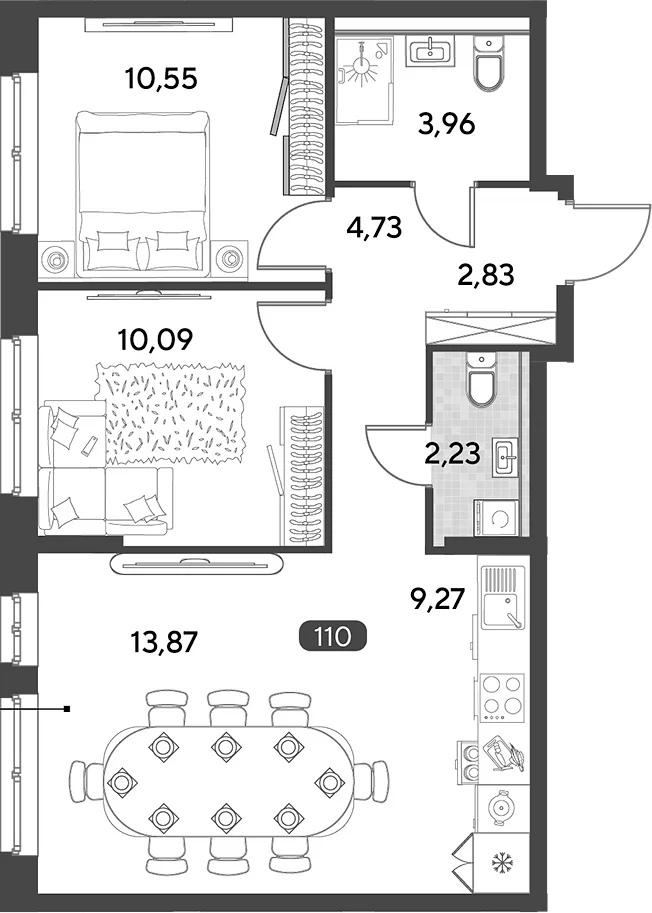 Планировка: Евротрёшка 57,5 м² в ЖК «Космопарк»