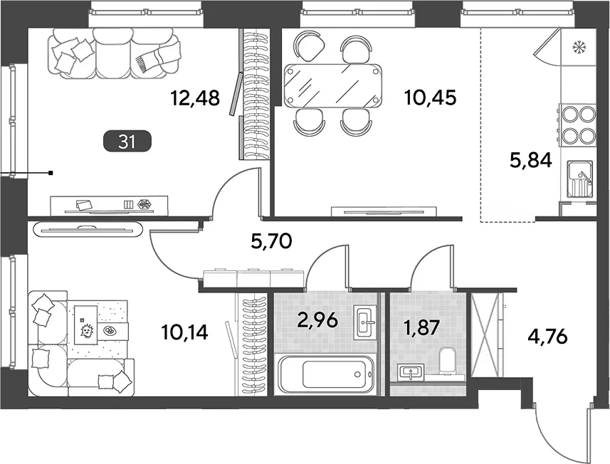 Планировка: Евротрёшка 54,2 м² в ЖК «Космопарк»