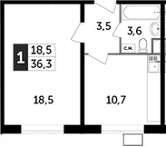 Планировка: 1-комнатная квартира 36,3 м² в ЖК «Южная Битца»