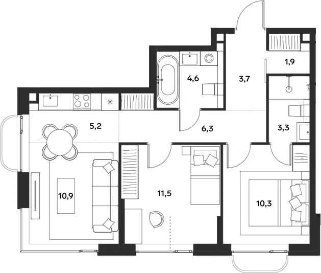 Планировка: Евротрёшка 57,7 м² в ЖК «АЛИА»