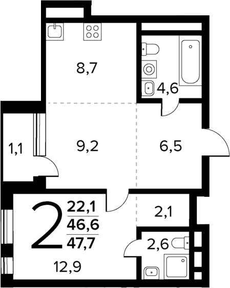 Планировка: Евродвушка 46,6 м² в ЖК «Новые Ватутинки Квартал у реки»