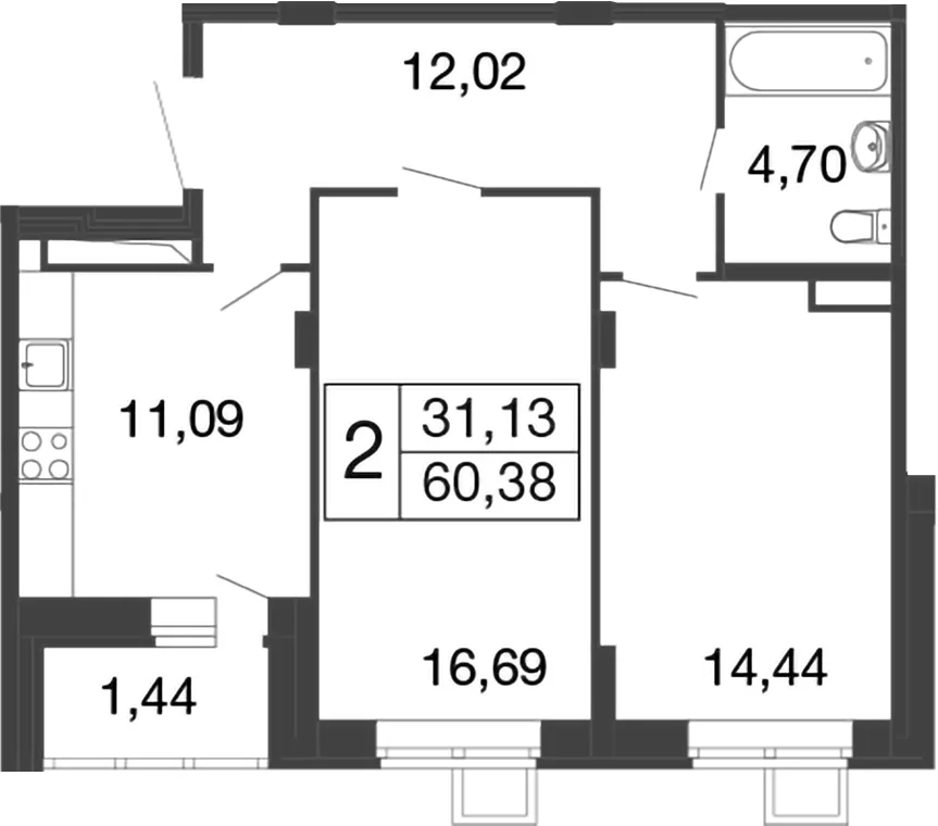 Планировка: 2-комнатная квартира 58,9 м² в ЖК «Времена года»