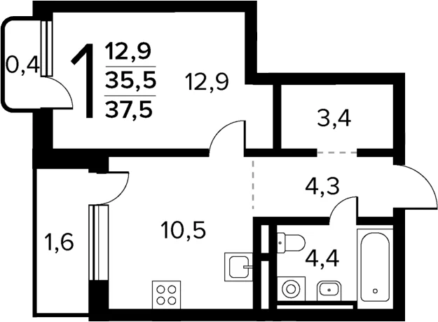 Планировка: Евродвушка 35,5 м² в ЖК «Новые Ватутинки Квартал у реки»