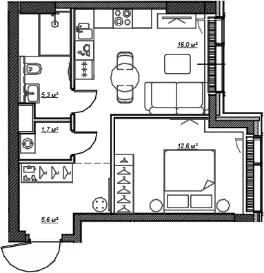 Планировка: 1-комнатная квартира 41,2 м² в ЖК «Веер»